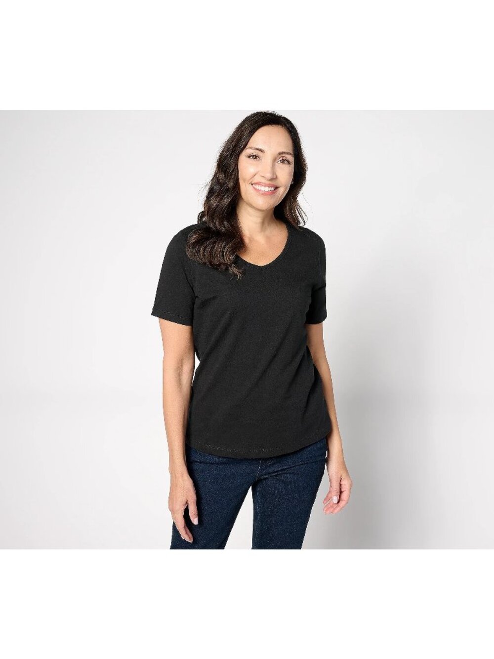 Denim & Co. Top Size 1X Essentials True Cotton Jersey V-Neck Black Cotton NEW